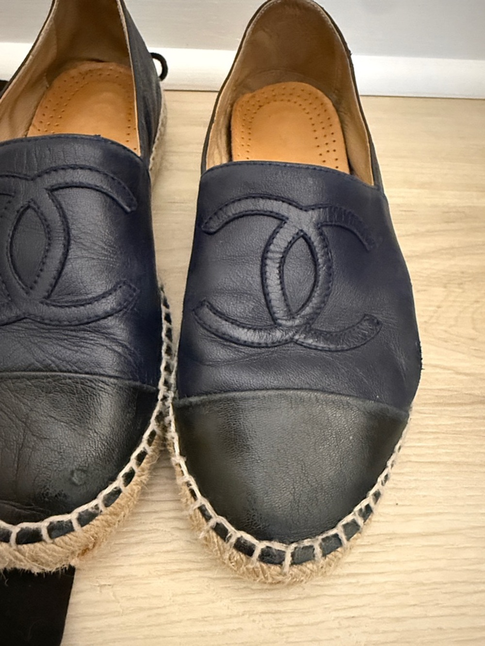 CHANEL Navy Leather Espadrilles with Black Cap Toe - Picture 6 of 14